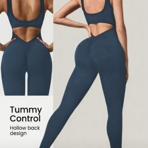 Body femme dos nu – U-neck, leggings moulants et design froncé (fog-blue) size L