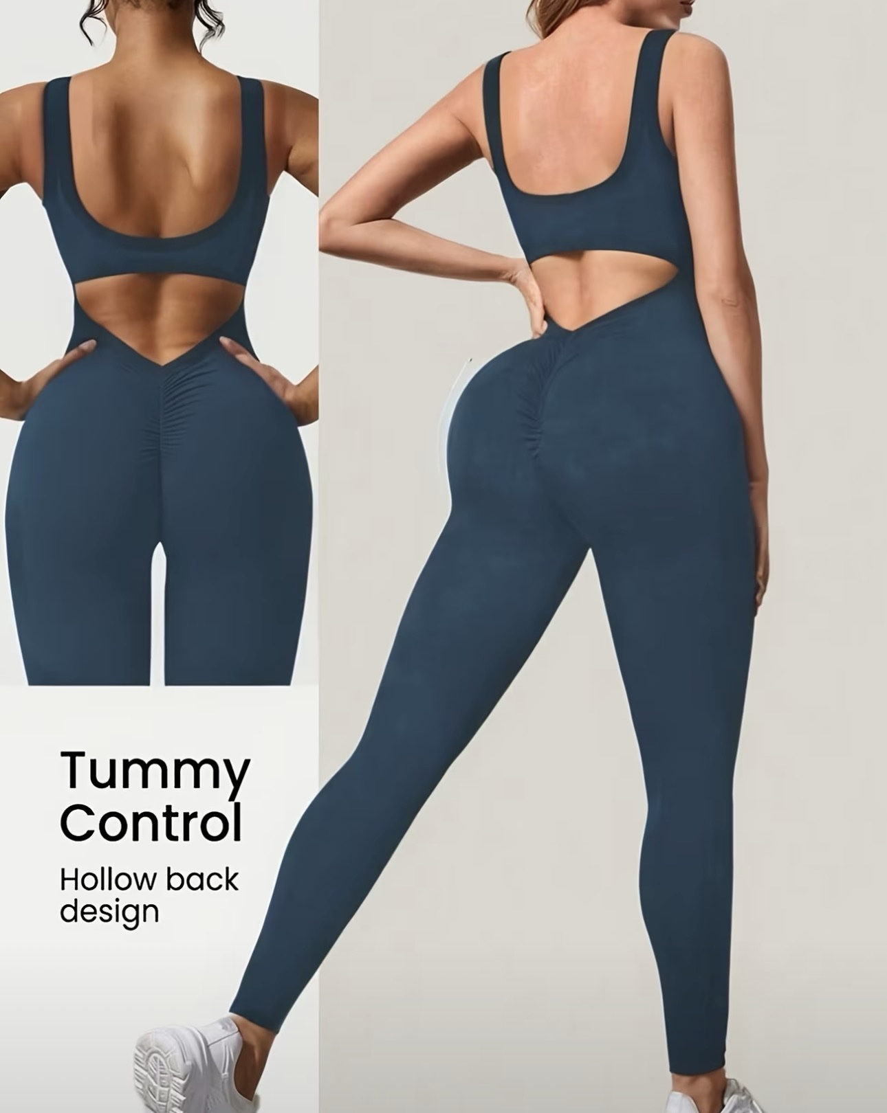 Body femme dos nu – U-neck, leggings moulants et design froncé (fog-blue) size L